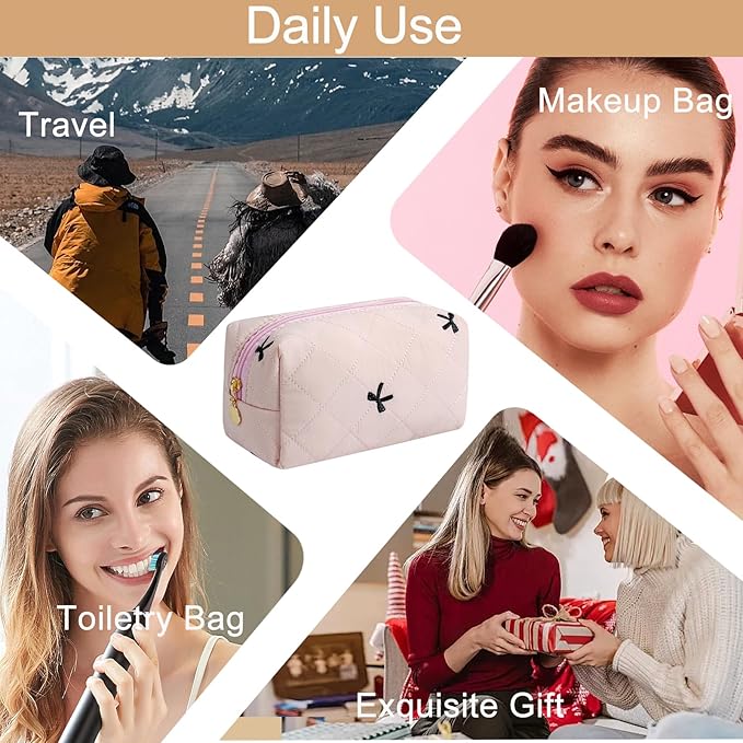 HHQQWZ Makeup Bag Travel Cosmetic Bag for Women Girls, Zipper Make Up Pouch, Floral Flowers Toiletry Organizer Makeup, Portable Storage Cosmetic Travel Cloth Bag (Light Pink)