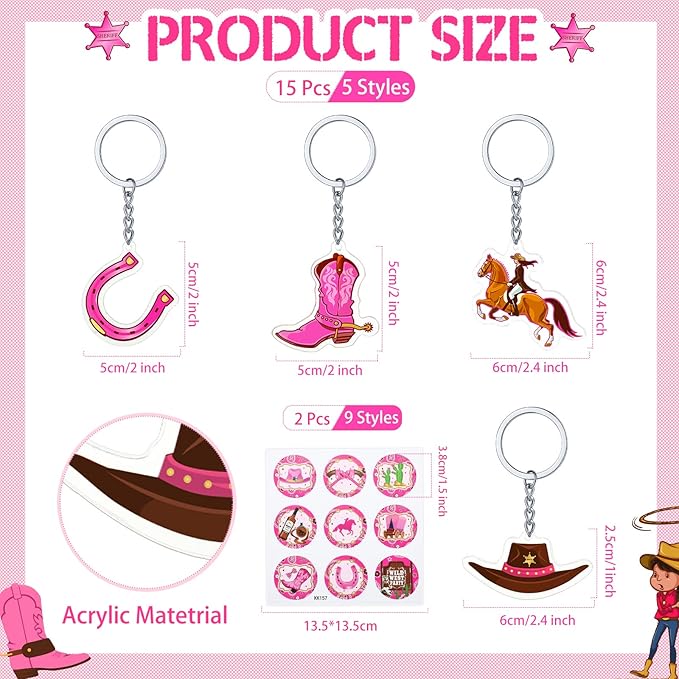 HyDren 48 Pcs Cowgirl Birthday Party Favors Including Cowgirl Silicone Bracelets Stretch Wristbands Acrylic Keychains and Round Stickers for Western Themed Birthday Gathering Party Supplies