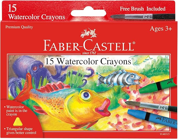 Faber-Castell Watercolor Crayons with Brush, 15 Colors - Premium Quality Art Supplies for Kids