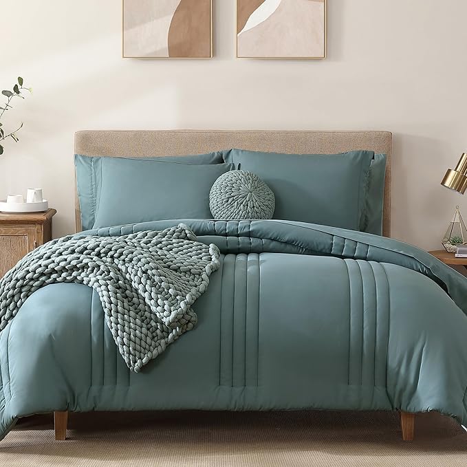 Monbix Oversized Queen Size Comforter Set - 7 Pieces Bed in a Bag, Blue Green Bedding Sets with Comforter, All Seasons Comforter Bed Set with Sheets, Pillowcases & Shams