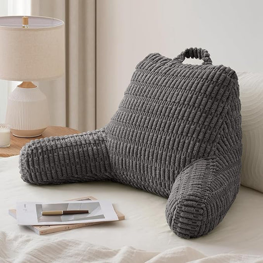 Blissful Diary Reading Pillow, Backrest Pillow with Shredded Memory Foam for Adult & Children, Designed for Bed and Couch Sitting Up, Includes Arms, Pockets and Washable Cover, Dark Gray