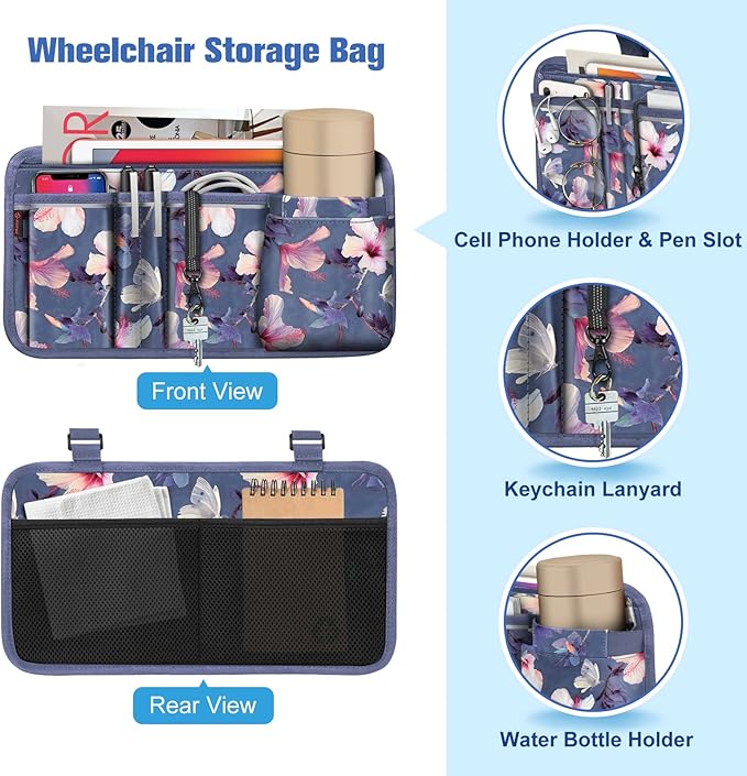 FINPAC Wheelchair Side Storage Bag w/Cup Holder, Wheelchair Armrest Accessories Pouch with Pen Slot and Reflective Strips for Power Walkers, Rollators, Seniors - Blooming Hibiscus