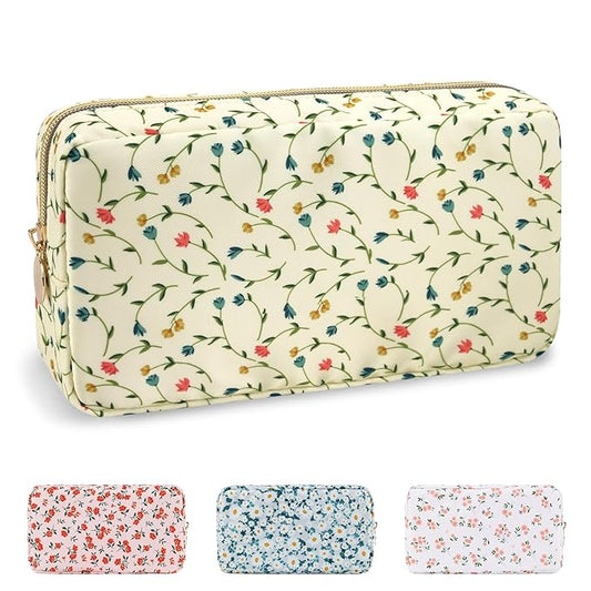 Waterproof Small Floral Makeup Bag Pouch for Purse,Nylon Flower Cosmetic Bag Preppy Travel Toiletry Storage Bag for Women Girl,Cute Makeup Organizer Bag Pouch with Zipper(Small Light Yellow-Flowers)