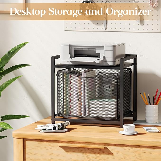 JKsmart Under Desk Storage, Printer Stand with Drawer, Rolling File Cabinet with Adjustable Table Top, 2 Tier Industrial Shelf on Fixed Feet Wheels, Sofa Side Table Organizer for Home, Office, Black