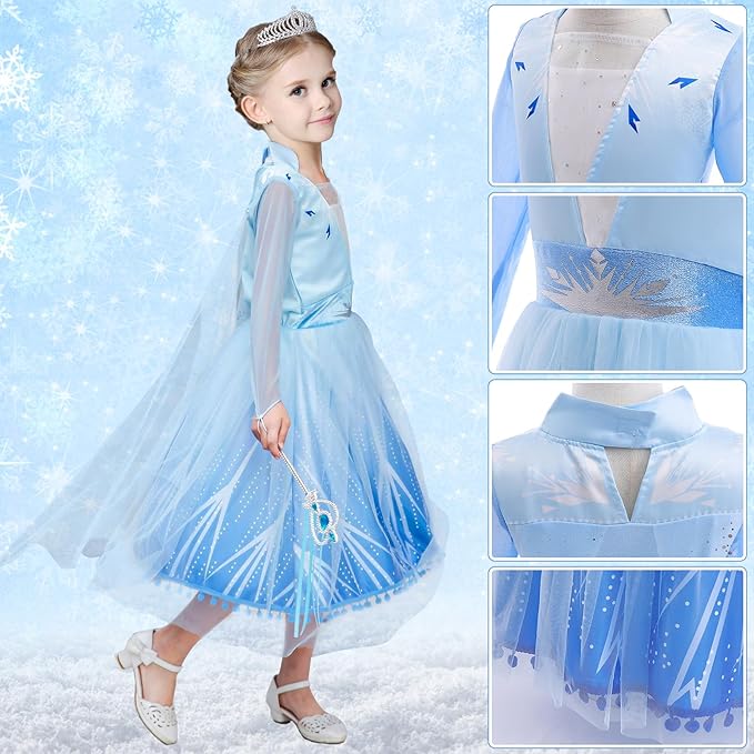 Latocos 13Pcs Elsa Dress Costume for Girls 3-10 Princess Dress Up Clothes for Girls with Accessories Halloween Party