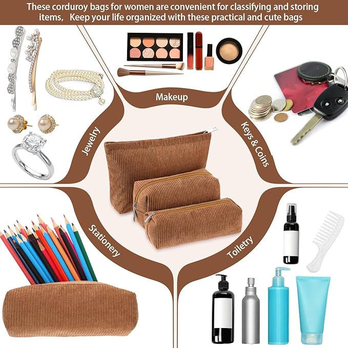 Huhumy 3 Pcs Makeup Bag Set for Women Corduroy Cosmetic Pouch Aesthetic Smile Travel Toiletry Bag Cute Purse Pouch Pencil Case Makeup Brushes Storage Organizer for Valentine(Brown,Solid Style)