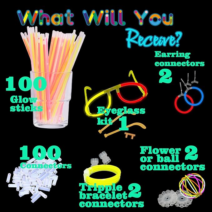 Glow Sticks 414Pcs Bulk Party Pack 8” Glow In The Dark Sticks Glow Bracelets And Glow Eyeglasses And Necklaces Earrings Favors For You... (414PCS)