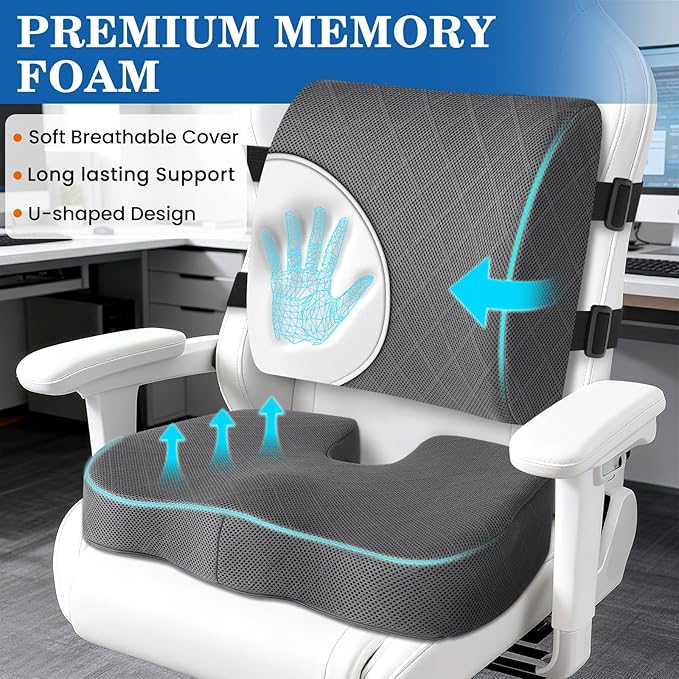TushGuard Back&Seat Cushion, Car Seat Office Chair Cushions, Breathable Memory Foam Lumbar Back Support Pillow, Portable Airplane Seat Cushion for Travel, Computer Desk, Wheelchair, Driving (Grey)