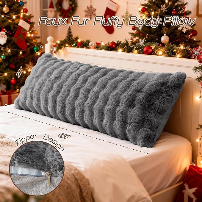 YZ HOME Faux Fur Fluffy Body Pillow for Adults - Firm Body Pillow Insert with Shredded Blue Memory Foam, Adjustable Height, Soft Support for Side Sleepers, Pregnant Women, Washable, 20x54 Inch (Grey)