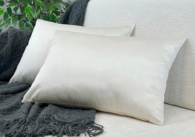 Aiking Home 12x18 Inches Faux Silk Rectangular Throw Pillow Cover, Zipper Closure, Ivory (Set of 2)