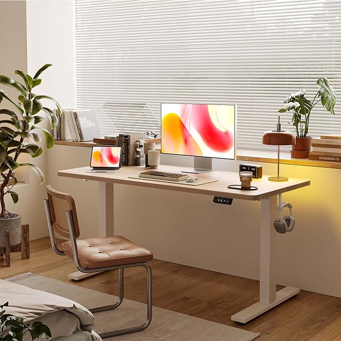 TIQLAB Electric Standing Desk, Adjustable Height Stand up Desk, 63 * 24 Inches Sit Stand Home Office Table with Splice Board, Light Walnut