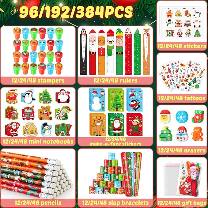 BenLouis Christmas School Stationery Set Party Favors Xmas Classroom Gift Prizes Bulk for Students Kids Holiday Stockings Pinata Filler Christmas School Goodie Bag Stuffers Decor（48set Christmas）