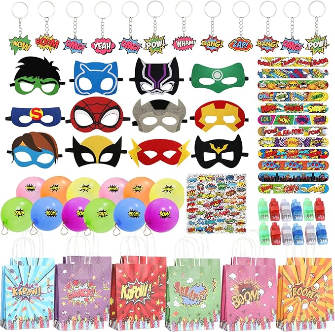 APZ 122 Pcs Superhero Party Favors -Superhero Mask Slap Bracelets Keychains Stickers Punch Balloons Finger Lights and Gift Bags for Kids Hero Party Supplies Birthday Decorations