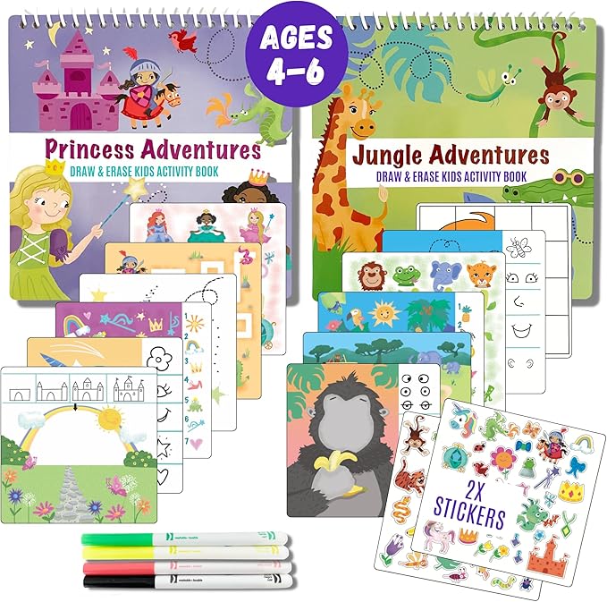 Kids Small Size Travel Educational Activity Books with Washable Markers (7"x7") - Car and Airplane Activities - Search and Find, Reusable Stickers for Ages 4, 5, 6 (Jungle & Princess)