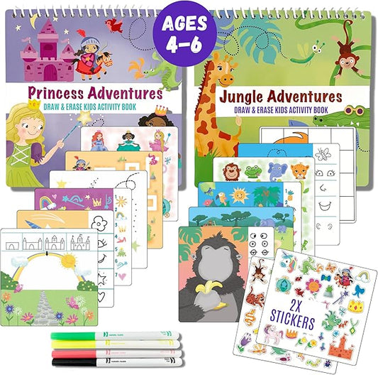 Kids Small Size Travel Educational Activity Books with Washable Markers (7"x7") - Car and Airplane Activities - Search and Find, Reusable Stickers for Ages 4, 5, 6 (Jungle & Princess)