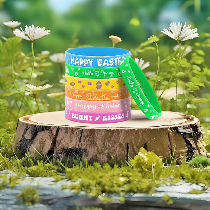 Lesnala 48 PCS Easter Rubber Wristband Theme Party Silicone Bracelet for Kids Teens Women Men Gifts Holiday Accessories Basket Stuffers Supplies