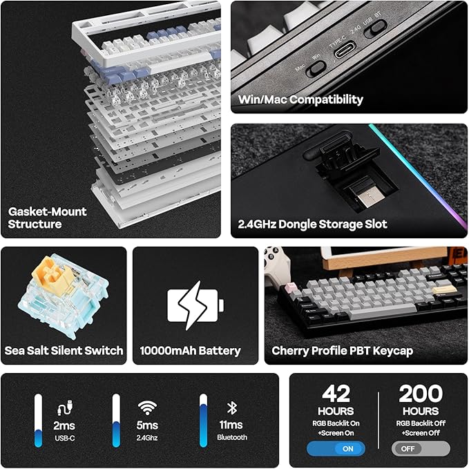 EPOMAKER TH108 PRO Full Size Mechanical Keyboard with Screen & Knob, Wireless Gaming Keyboard with 10000mAh, Creamy Gasket, Hot Swap, Custom Driver, RGB Backlight (Black, Sea Salt Silent)