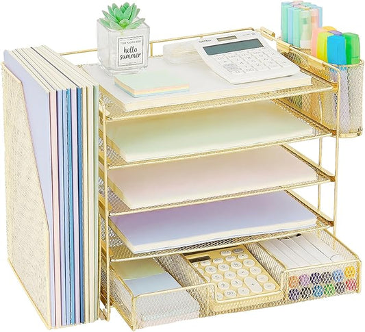 OPNICE Desk Organizer, 5-Tier Paper File Organizer with Drawer & Pen Holder, Office Desk Accessories, Workspace Desktop Organizer for Office Supplies(Gold)