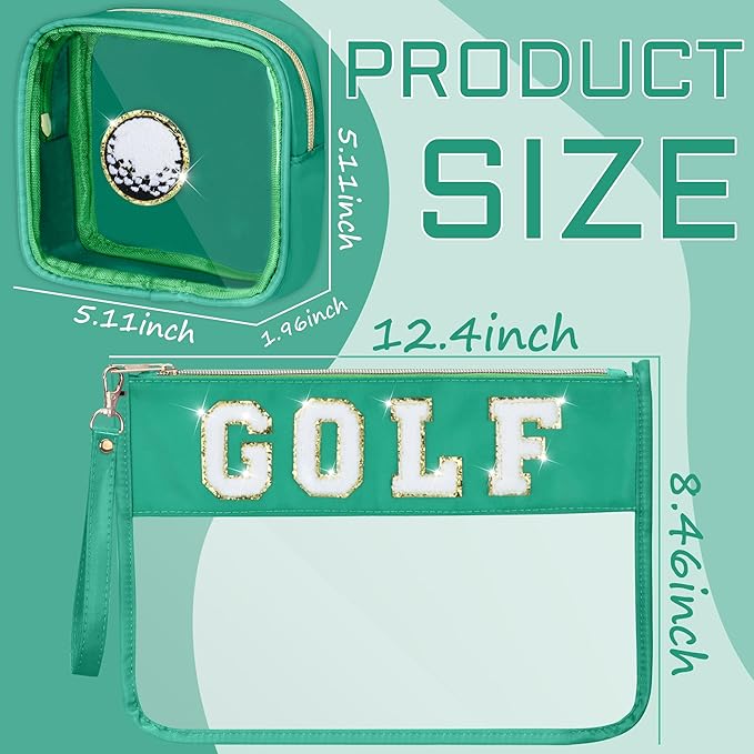 BuyCard 2 Pcs Golf Gifts Cosmetic Makeup Bag with Chenille Letter Patch, Clear Pouch PVC Organizer Purse, Waterproof Travel Bag, Portable Toiletry Storage Bag for Her Girls Friends Women