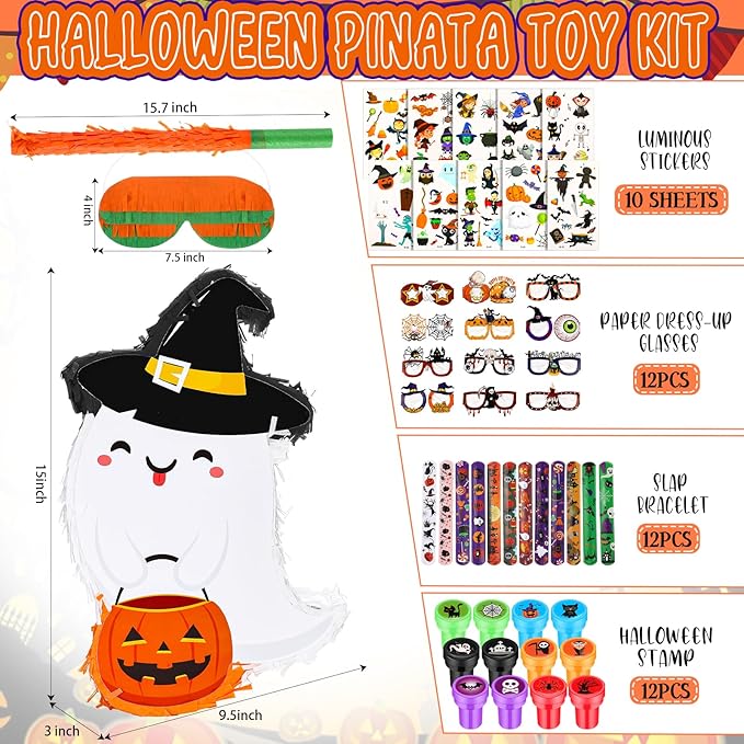 Jenaai 50 Pcs Halloween Piñatas Party Favors Include Large Piñatas with Blindfold Slap Bracelets Paper Eyeglasses Glow in the Dark Stickers and Stamper Halloween Party Supplies(Ghost)