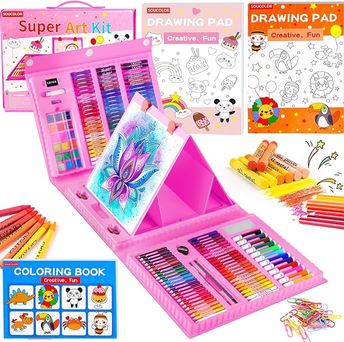 Soucolor Art Supplies, 283 Pieces Drawing Set Art Kits with Trifold Art Easel, 2 Drawing Pads, 1 Coloring Book, Crayons, Pastels, Arts and Crafts Gifts Case, Coloring Set