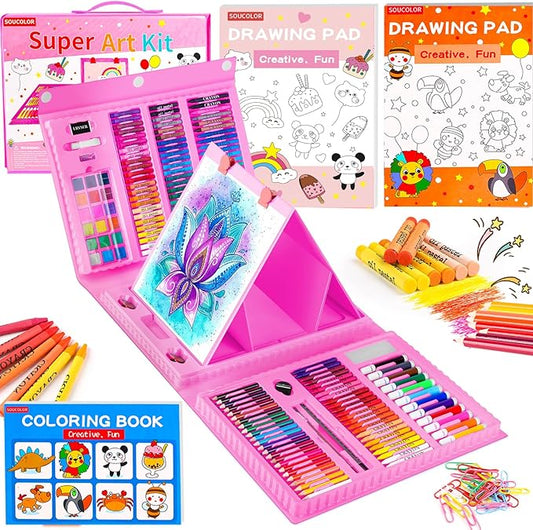 Soucolor Art Supplies, 283 Pieces Drawing Set Art Kits with Trifold Art Easel, 2 Drawing Pads, 1 Coloring Book, Crayons, Pastels, Arts and Crafts Gifts Case, Coloring Set