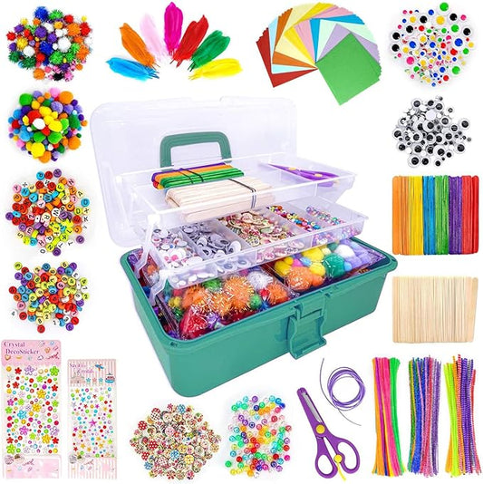 1405 Pcs Art and Craft Supplies for Boys and Girls, Toddler DIY Craft Art Supply Set Included Pipe Cleaners, Pom Poms, Feather, Folding Storage Box - All in One for Craft DIY Art Supplies(Green Box)