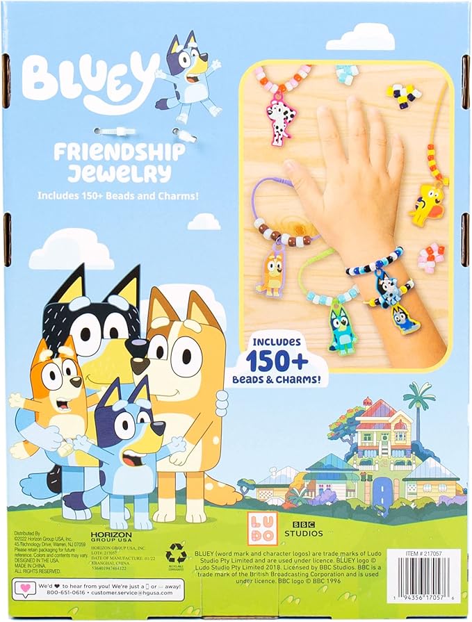 Horizon Group USA Friendship Jewelry Kit, Create Bracelets & Necklaces With 150 Beads & 6 Charms, Bluey Storage Case Included, Gifts for Kids
