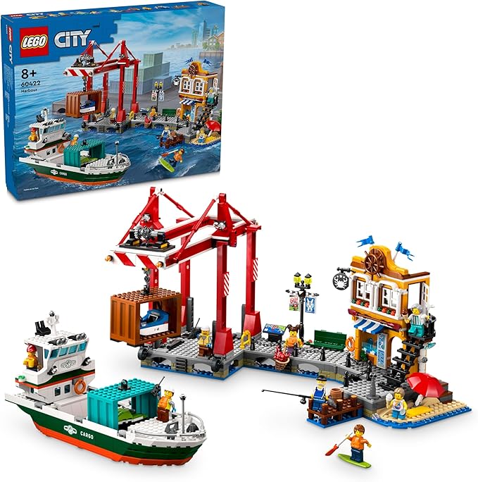 LEGO City Seaport with Goods Ship, Construction Toy Boat, Boys and Girls 8 Years and Older, Container Crane, Fishing Rod and Walkie Talkie 60422
