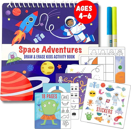 Kids Small Size Travel Educational Activity Book with Washable Markers (7"x7") - Car and Airplane Activities, Learning Toys for Toddlers - Search and Find, Reusable Stickers for Ages 4, 5, 6 (Space)