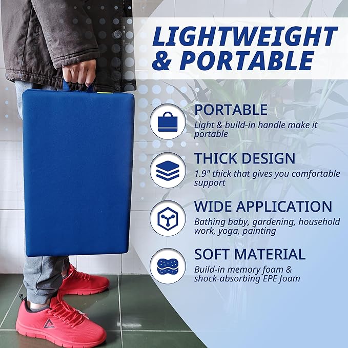 Extra Thick Kneeling Pad, Bath Kneeler Pad, Garden Kneeling Pad for Knee, Water Resistant Soft Memory Foam Cushioning for Workout, Yoga, Bathing, Physical Therapy, Prayer Pillow, Blue