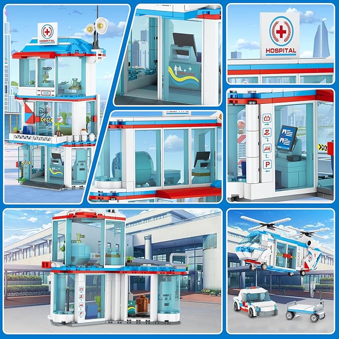 City Hospital STEM 3 in1 Building Sets, Compatible with Lego Ambulance Tor Truck, Rescue Helicopter, Connect to Other City Sets, 687 PCS Best Gift for 6 7 8 9 10 Boys