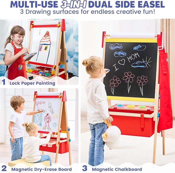Art Easel for Kids Easel, Adjustable Wooden Kids Drawing Easel with Magnetic Whiteboard & Chalkboard, Kids Dry Erase Board,Easel for Kids Ages 3 4-8 9-12, Red w/Bag