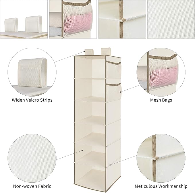 MAX Houser 6 Tier Shelf Hanging Closet Organizer, Closet Hanging Shelf with 2 Widen Straps for Storage, Foldable (Beige2) | Shelf, 2 Widen Straps, Storage