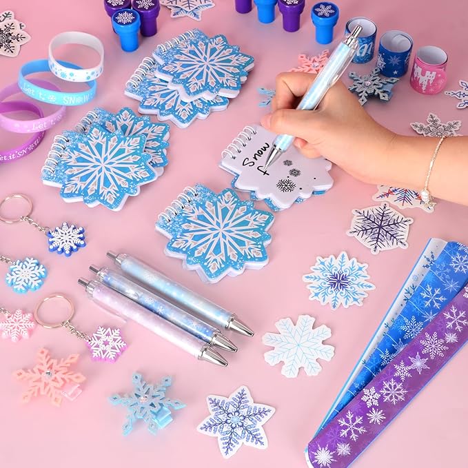 146PCS Frozen Party Favors, Snowflake Birthday Party Favors with Notebooks Pens Stampers Stickers, School Stationery Set Birthday Supplies, Goodie Bag Stuffers Classroom Gift Reward Prize for Kids