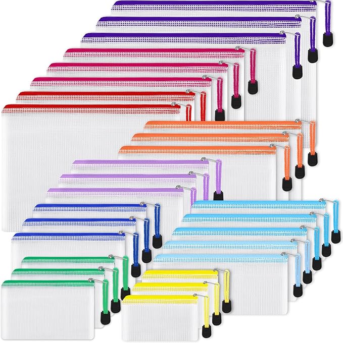 EOOUT 28pcs Mesh Zipper Pouch, Waterproof Zipper Bags, 8 Sizes Plastic Travel Pouch, 10 Colors, Multipurpose for Board Game, Travel Storage, School Supplies, Office Appliances, Home Organize