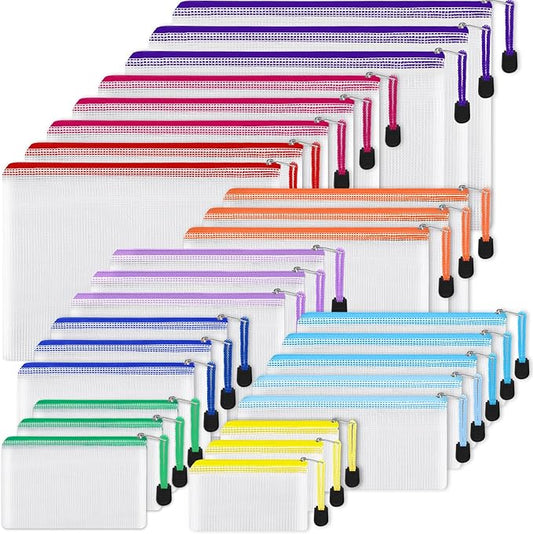 EOOUT 28pcs Mesh Zipper Pouch, Waterproof Zipper Bags, 8 Sizes Plastic Travel Pouch, 10 Colors, Multipurpose for Board Game, Travel Storage, School Supplies, Office Appliances, Home Organize