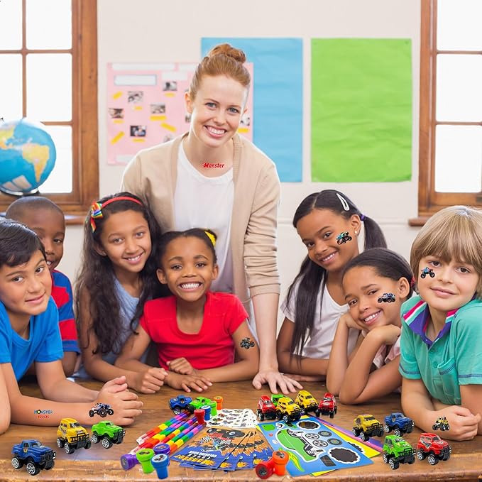 Cinrobiye 72Pcs Monster Truck Coloring Book with Crayons Bulk，Truck Car Party Favors Goodie Bags Fillers，Hot Wheels Birthday Party Supplies Face Stickers Tattoo Prizes Gift for Monster Truck Party