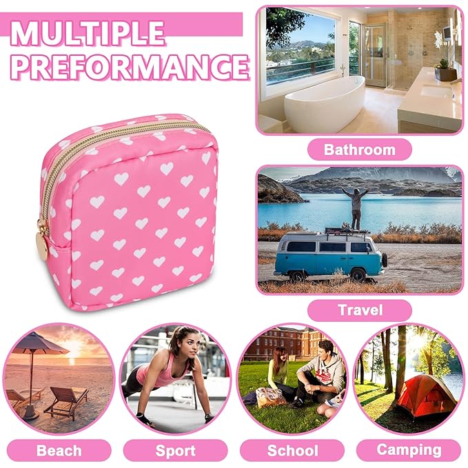 UIXIZQ Mini Makeup Pouch for Purse， Small Cosmetic Bag Pouch Nylon Travel Toiletry Organizers for Women Girls, Cute Storage Zipper Pouch Coin Purse for School Work Camping(Mini-Pink Heart)