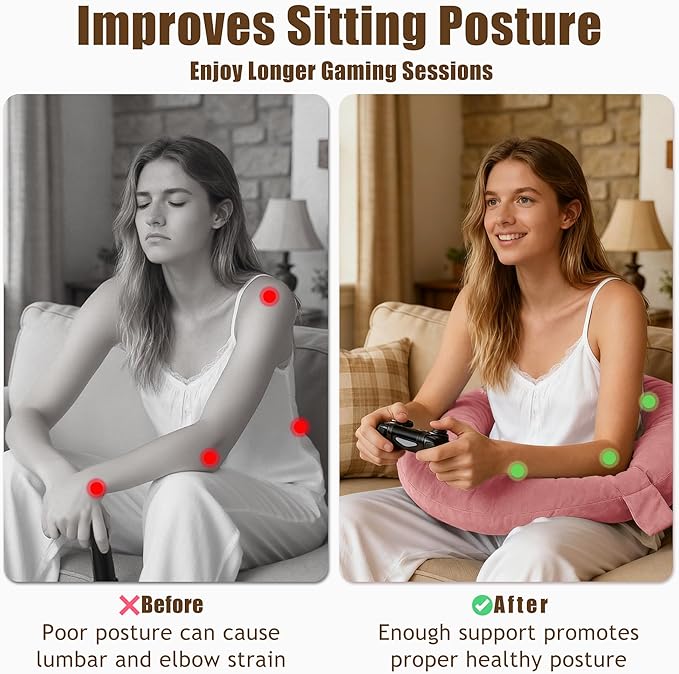 XWZO Reading Pillow for Gaming, Crocheting or Playing with Strong Arm Support, Gaming Pillow for Arm Rest When Sitting in Bed & Sofa, Lap Pillow Swen with Tiebacks and Side Pocket, Pink