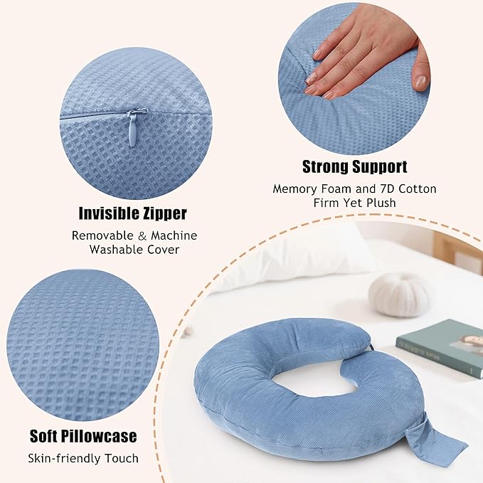 XWZO Reading Pillow for Gaming, Crocheting or Playing with Strong Arm Support, Gaming Pillow for Arm Rest When Sitting in Bed & Sofa, Lap Pillow Swen with Tiebacks and Side Pocket, Blue