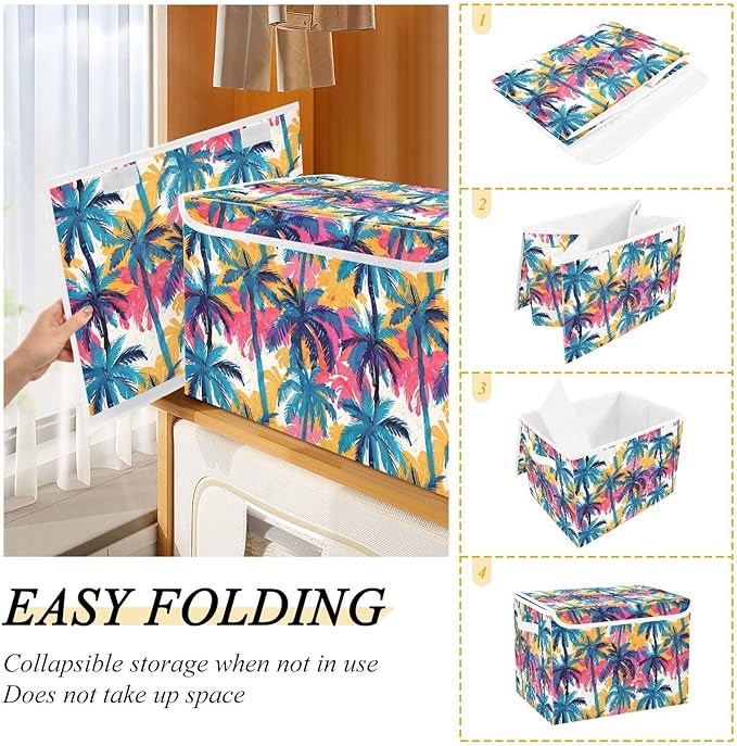 senya Large Storage Bins with Linen Collapsible Foldable Storage Cubes Fabric Closet Organizer Containers box with Flip-Top Lid for Home Bedroom Office 16.7 x 12.6 x 11.8in (Dinosaur Palm Trees)