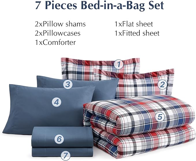 MaiRêve Full Size Plaid Comforter Set Navy Red, Classic 7 Pieces Farmhouse Bedding Set, All Season Lightweight Bed in A Bag with Sheets, Pillowcases & Shams