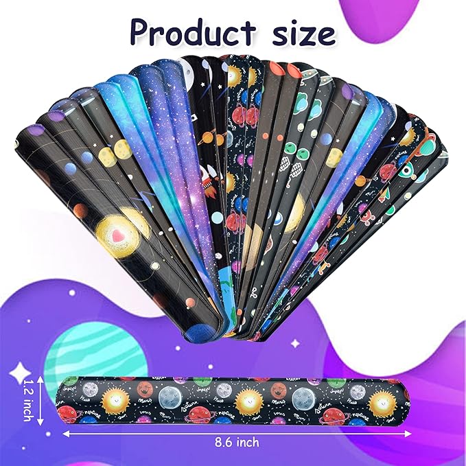 ANGOLIO 28Pcs Outer Space Theme Slap Bracelets with 28Pcs Valentine's Day Greeting Cards, Astronauts Planets Solar System Party Decoration Supplies Valentine Classroom Exchange Gift for Kids