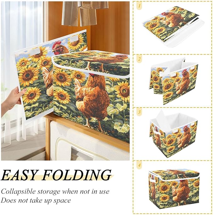 senya Large Storage Bins with Linen Collapsible Foldable Storage Cubes Fabric Closet Organizer Containers box with Flip-Top Lid for Home Bedroom Office 16.7 x 12.6 x 11.8in (Chicken Pattern)