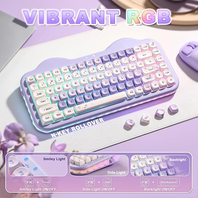 YUNZII C75 Wireless Mechanical Keyboard,75% Layout, Hot-Swappable NKRO,BT5.0/2.4G/USB-C Mode,Dye-Sub PBT MOA Keycaps,RGB Gasket Mount,Cute Cake Design for Mac/Win/Gaming (Purple, Candy Switch)