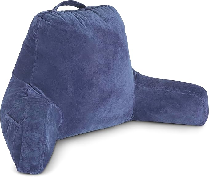 Husband Pillow Dark Blue, Original Reading Pillow in Bed Rest Chair, Shredded Memory Foam Large Lounge Cushion Adult Backrest with Arms, Comfy Back Support for Sit Sitting Up, Wash/Removable Cover
