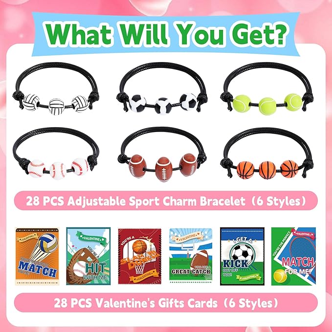 Erweicet Valentines Sports Party Favor 30 PCS Sports Charm Bracelets Adjustable Baseball Soccer Bead Ball Wristbands with Valentines Day Gift Cards for Kids Classroom Gift Exchange