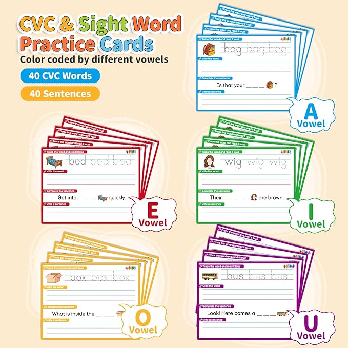 CVC Word Games Sentence Building for Kids, Handwriting Practice Writing to Learn Tracing Sight Words Phonics Flash Cards, Pre k Preschool Kindergarten Homeschool Learning Activities