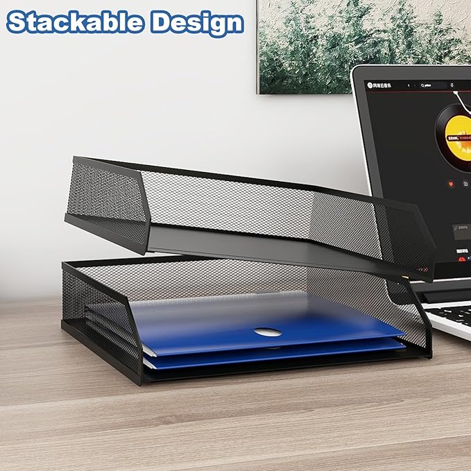 Natwind 2-Tier Stackable Paper Tray, Metal Mesh Desktop Organizer, A4 Paper Sorter, Letter Trays,File Folder Sorter Organizer with Sliding Tray for Home, Office, School (Black)